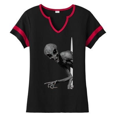 Grey Alien Peaking  Area 51 UFO Abduction Ladies Halftime Notch Neck Tee