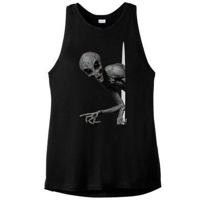 Grey Alien Peaking  Area 51 UFO Abduction Ladies PosiCharge Tri-Blend Wicking Tank