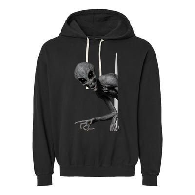 Grey Alien Peaking  Area 51 UFO Abduction Garment-Dyed Fleece Hoodie