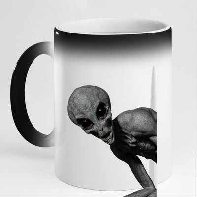 Grey Alien Peaking  Area 51 UFO Abduction 11oz Black Color Changing Mug