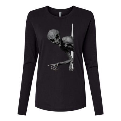 Grey Alien Peaking  Area 51 UFO Abduction Womens Cotton Relaxed Long Sleeve T-Shirt