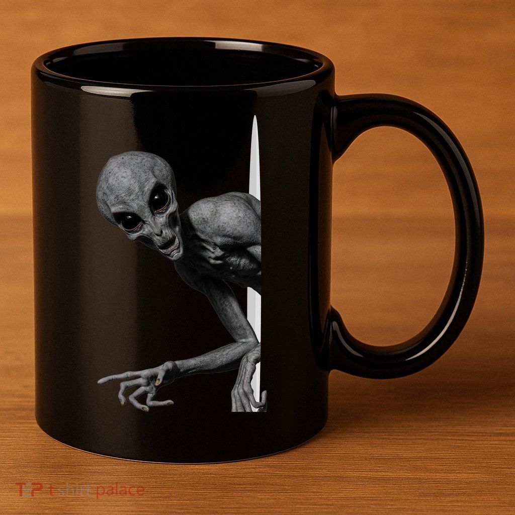 Grey Alien Peaking  Area 51 UFO Abduction 11oz C Handle Ceramic Mug