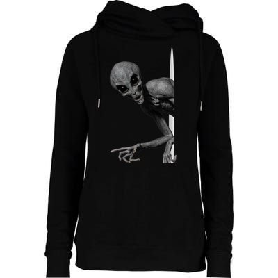 Grey Alien Peaking  Area 51 UFO Abduction Womens Funnel Neck Pullover Hood