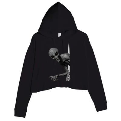 Grey Alien Peaking  Area 51 UFO Abduction Crop Fleece Hoodie