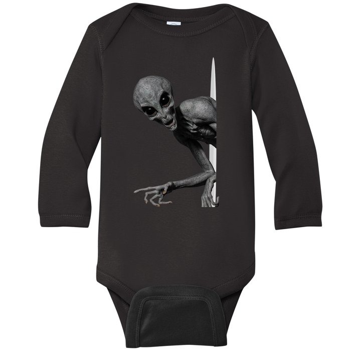 Grey Alien Peaking  Area 51 UFO Abduction Baby Long Sleeve Bodysuit