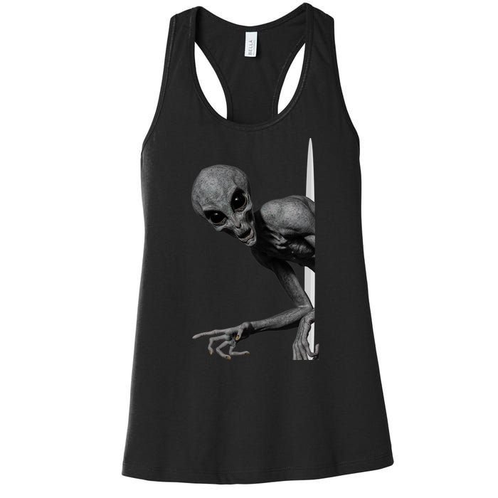 Grey Alien Peaking  Area 51 UFO Abduction Women's Racerback Tank