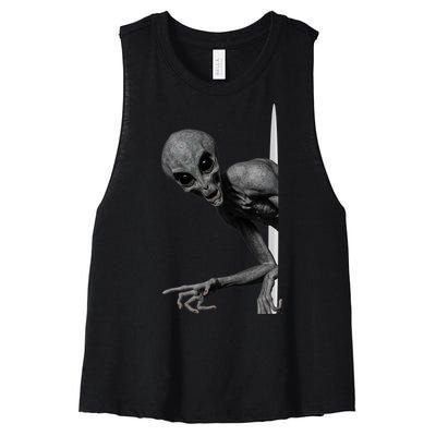 Grey Alien Peaking  Area 51 UFO Abduction Women's Racerback Cropped Tank