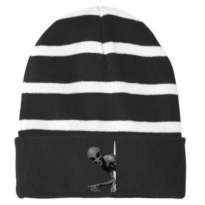 Grey Alien Peaking  Area 51 UFO Abduction Striped Beanie with Solid Band