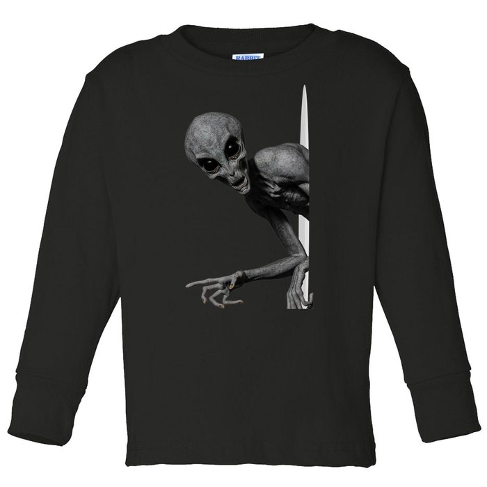 Grey Alien Peaking  Area 51 UFO Abduction Toddler Long Sleeve Shirt