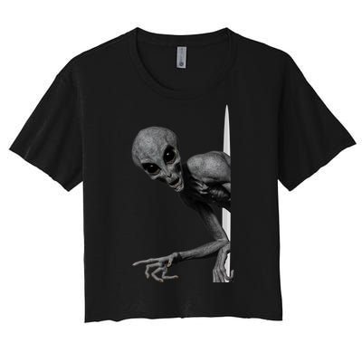 Grey Alien Peaking  Area 51 UFO Abduction Women's Crop Top Tee