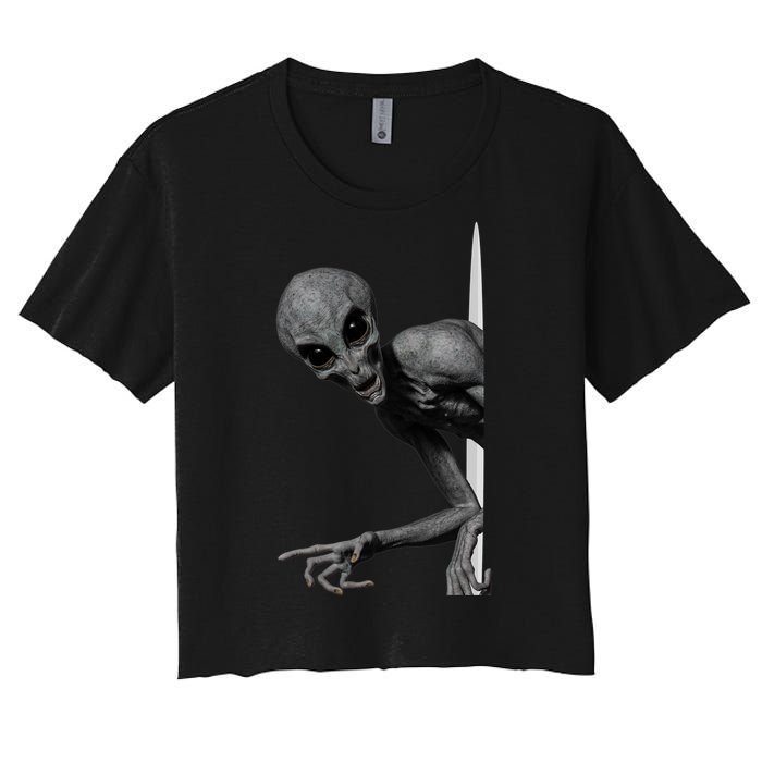 Grey Alien Peaking  Area 51 UFO Abduction Women's Crop Top Tee