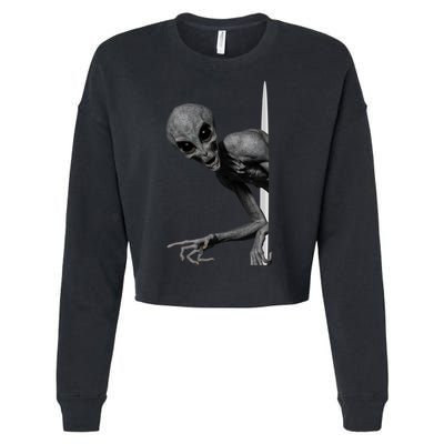 Grey Alien Peaking  Area 51 UFO Abduction Cropped Pullover Crew