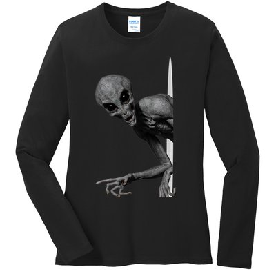 Grey Alien Peaking  Area 51 UFO Abduction Ladies Long Sleeve Shirt