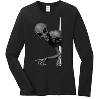 Grey Alien Peaking  Area 51 UFO Abduction Ladies Long Sleeve Shirt