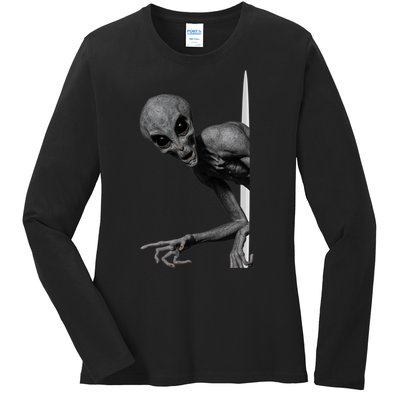 Grey Alien Peaking  Area 51 UFO Abduction Ladies Long Sleeve Shirt