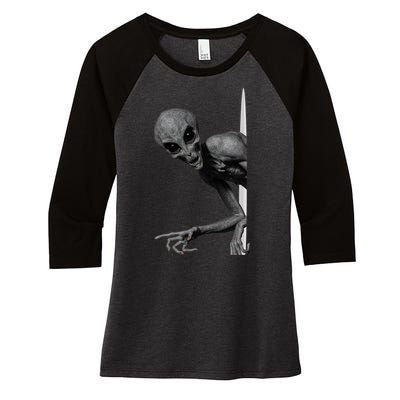 Grey Alien Peaking  Area 51 UFO Abduction Women's Tri-Blend 3/4-Sleeve Raglan Shirt