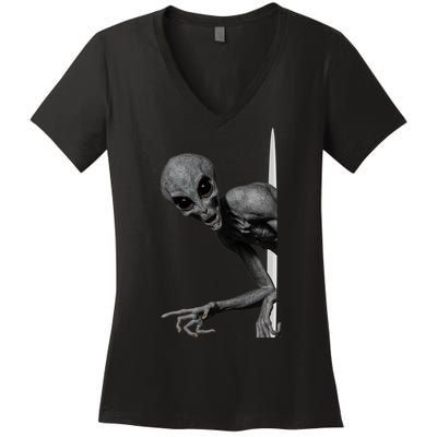 Grey Alien Peaking  Area 51 UFO Abduction Women's V-Neck T-Shirt