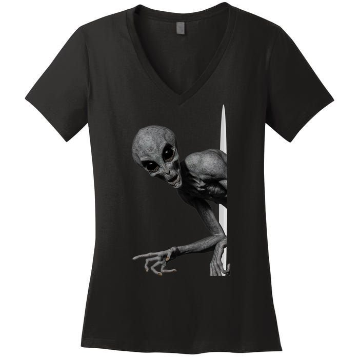 Grey Alien Peaking  Area 51 UFO Abduction Women's V-Neck T-Shirt