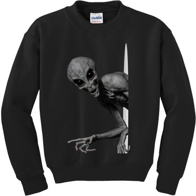 Grey Alien Peaking  Area 51 UFO Abduction Kids Sweatshirt