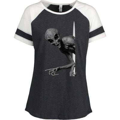 Grey Alien Peaking  Area 51 UFO Abduction Enza Ladies Jersey Colorblock Tee