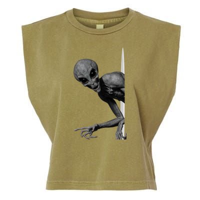 Grey Alien Peaking  Area 51 UFO Abduction Garment-Dyed Women's Muscle Tee
