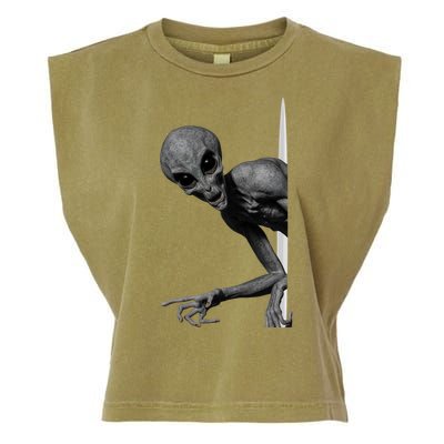 Grey Alien Peaking  Area 51 UFO Abduction Garment-Dyed Women's Muscle Tee