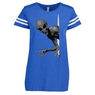 Grey Alien Peaking  Area 51 UFO Abduction Enza Ladies Jersey Football T-Shirt