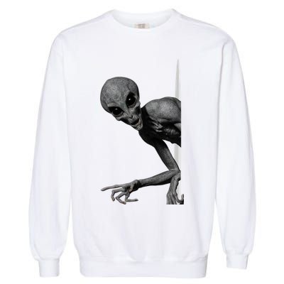 Grey Alien Peaking  Area 51 UFO Abduction Garment-Dyed Sweatshirt