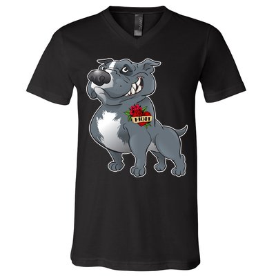 Grey Pitbull I Love Mom V-Neck T-Shirt