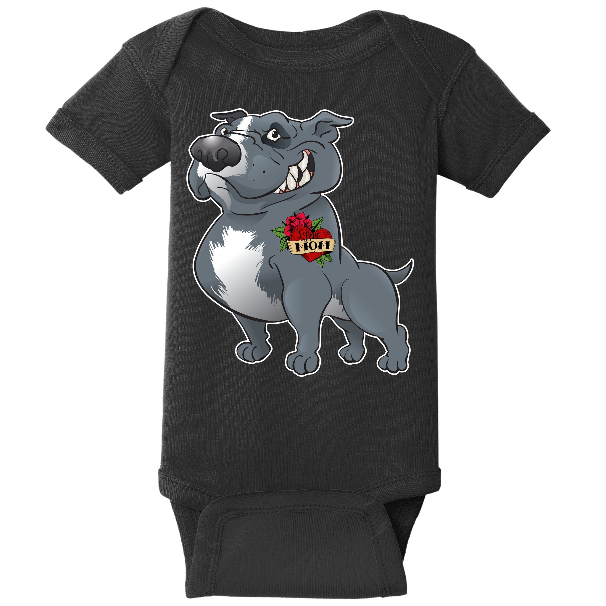 Grey Pitbull I Love Mom Baby Bodysuit