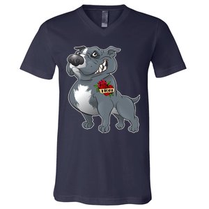 Grey Pitbull I Love Mom V-Neck T-Shirt