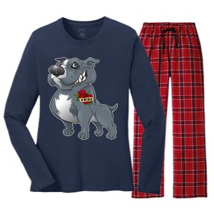 Grey Pitbull I Love Mom Women's Long Sleeve Flannel Pajama Set 