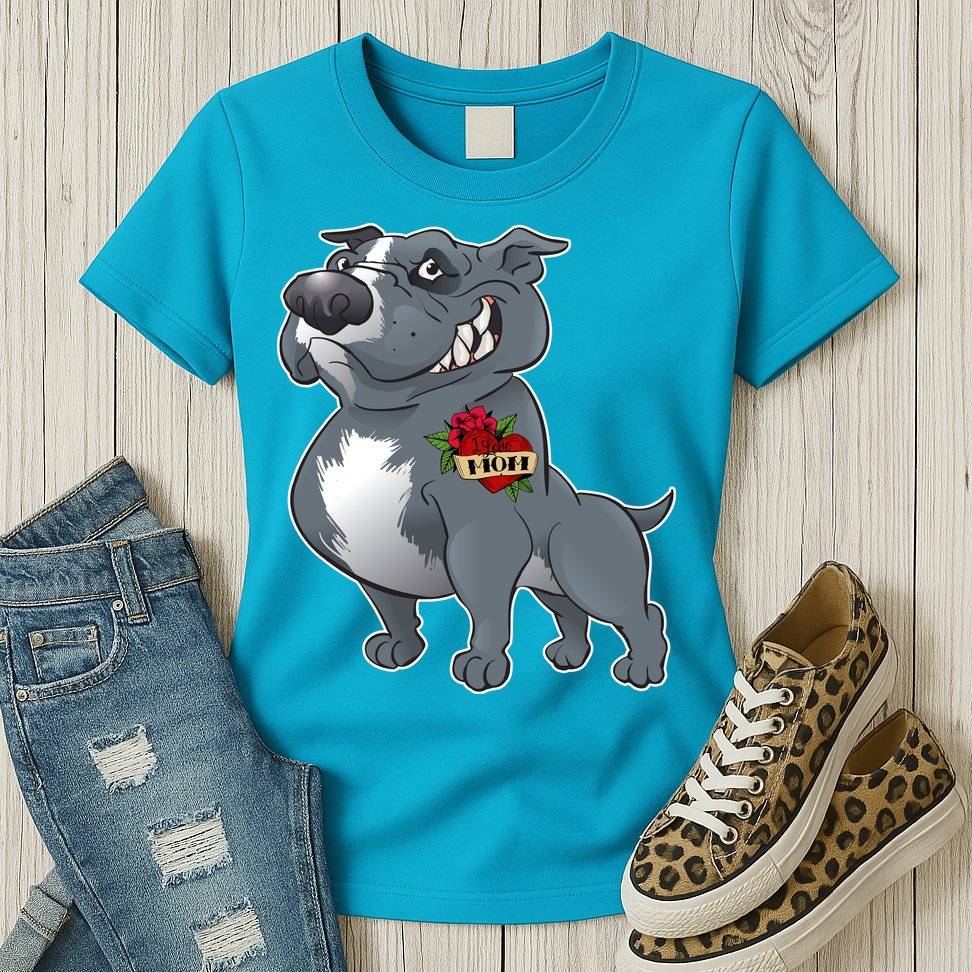 Grey Pitbull I Love Mom Womens T-Shirt