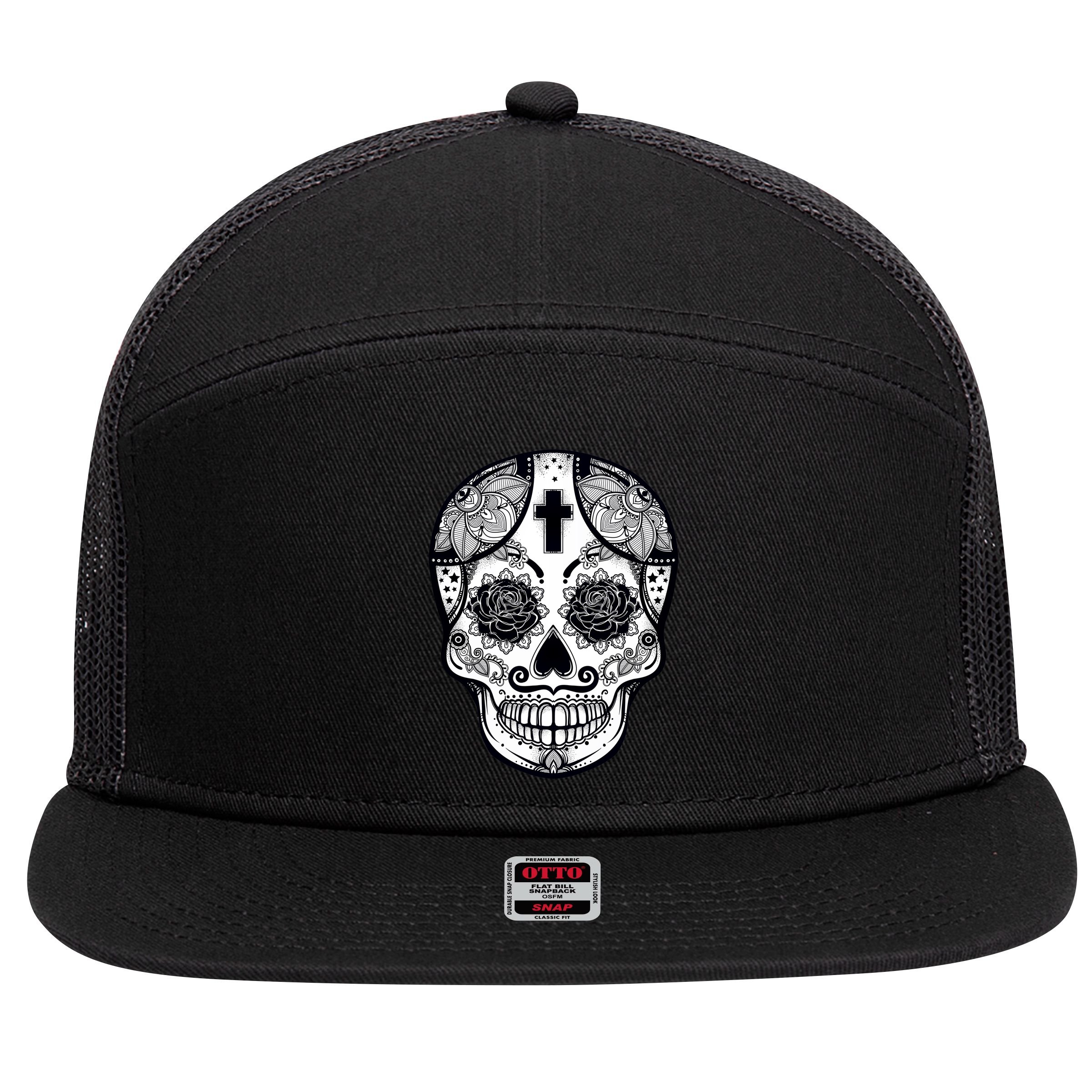 Grey Style Flower Skull Skeleton Graphic 7 Panel Mesh Trucker Snapback Hat