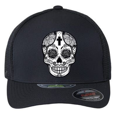 Grey Style Flower Skull Skeleton Graphic Flexfit Unipanel Trucker Cap