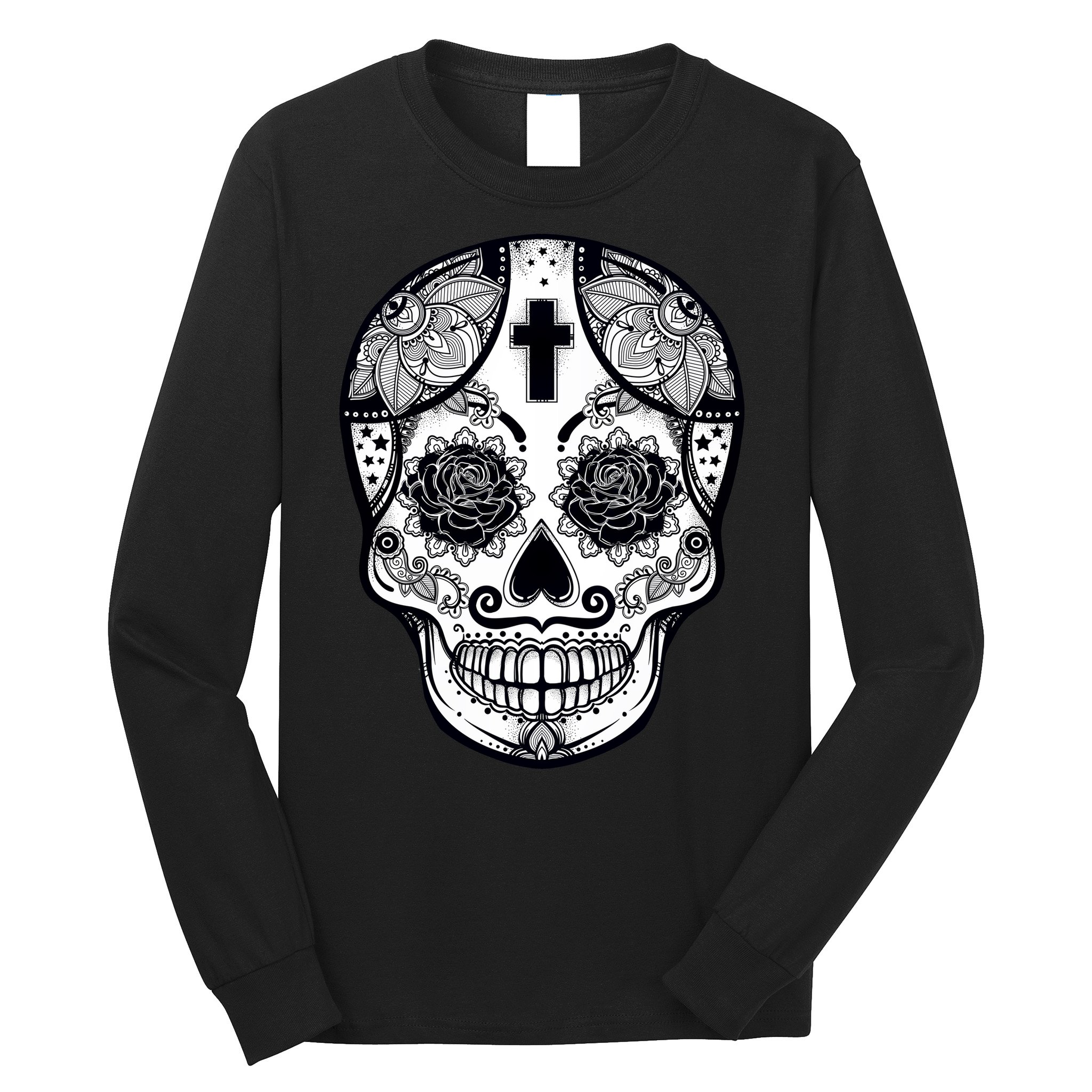 Grey Style Flower Skull Skeleton Graphic Long Sleeve Shirt