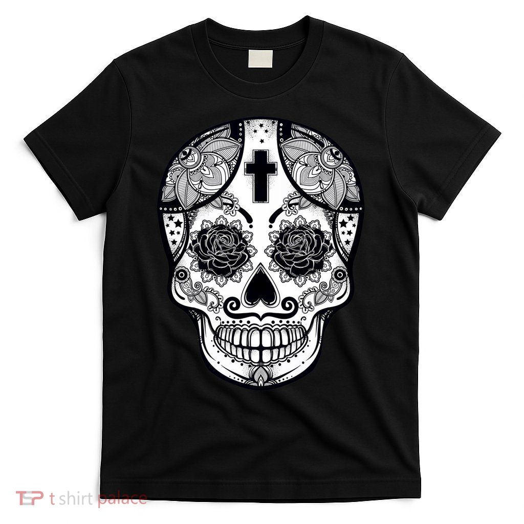 Grey Style Flower Skull Skeleton Graphic T-Shirt