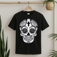 Grey Style Flower Skull Skeleton Graphic T-Shirt