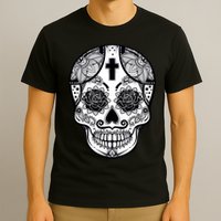 Grey Style Flower Skull Skeleton Graphic T-Shirt