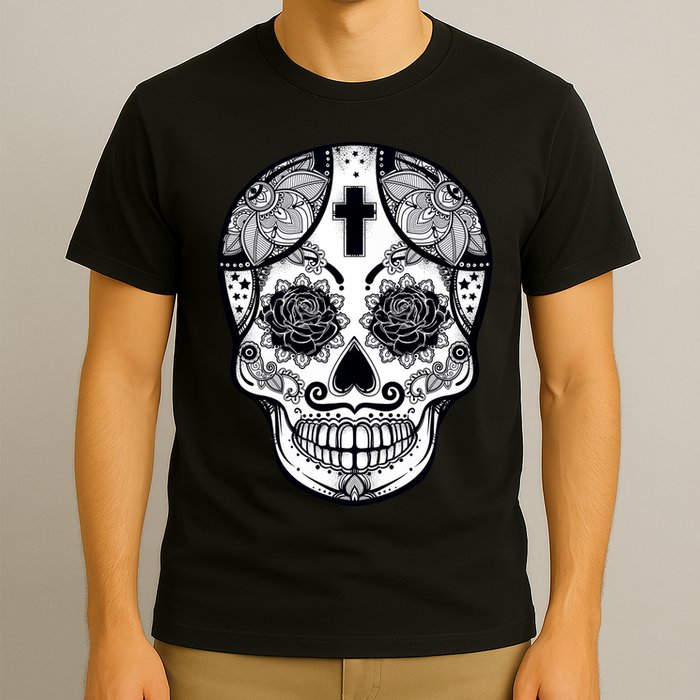 Grey Style Flower Skull Skeleton Graphic T-Shirt