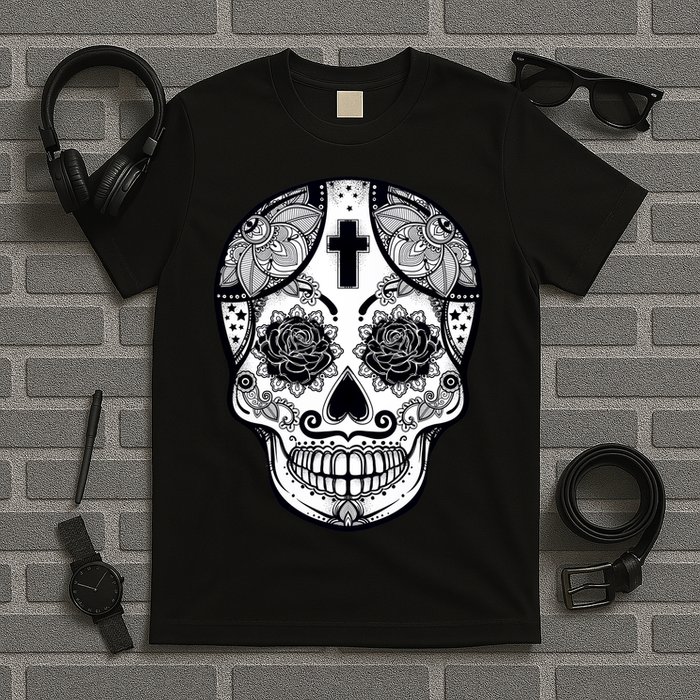 Grey Style Flower Skull Skeleton Graphic T-Shirt