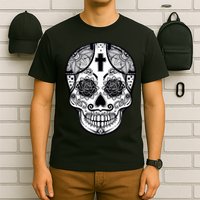 Grey Style Flower Skull Skeleton Graphic T-Shirt