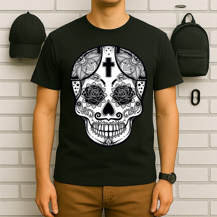 Grey Style Flower Skull Skeleton Graphic T-Shirt