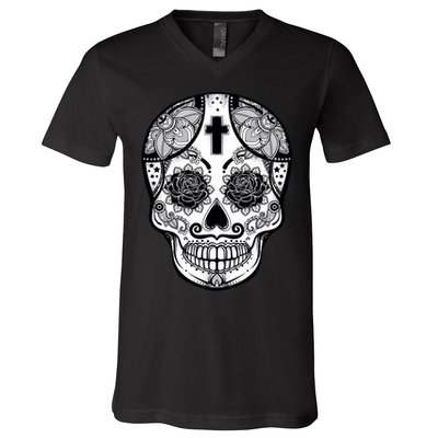 Grey Style Flower Skull Skeleton Graphic V-Neck T-Shirt