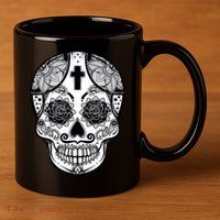 Grey Style Flower Skull Skeleton Graphic 11oz C Handle Ceramic Mug