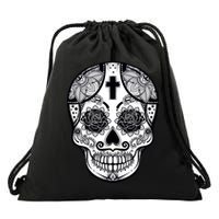Grey Style Flower Skull Skeleton Graphic Drawstring Bag