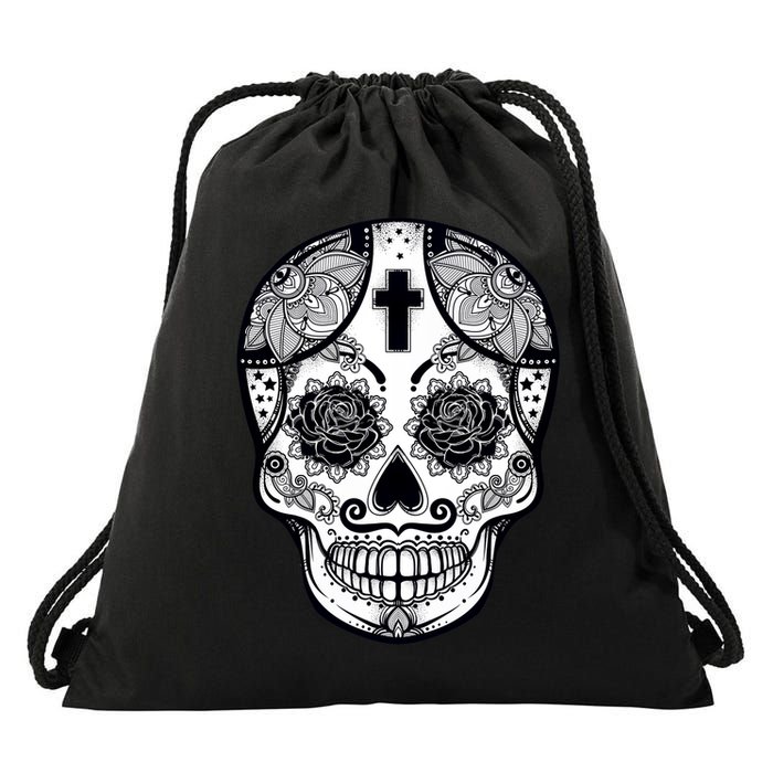 Grey Style Flower Skull Skeleton Graphic Drawstring Bag