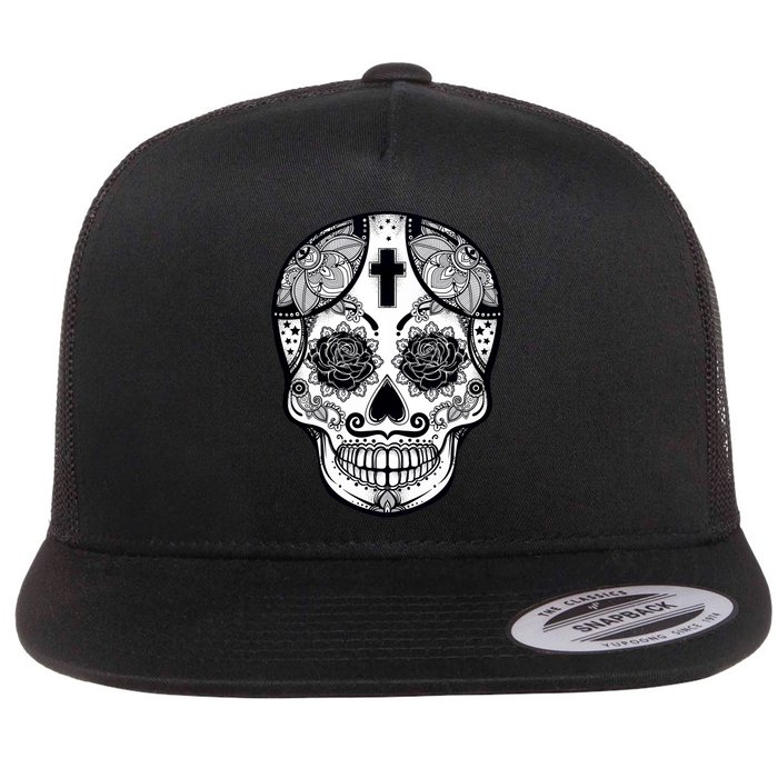 Grey Style Flower Skull Skeleton Graphic Flatbill Hat