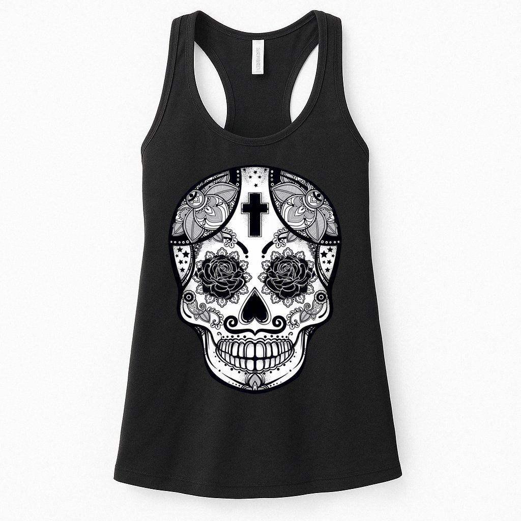 Grey Style Flower Skull Skeleton Graphic Womens Tank Top