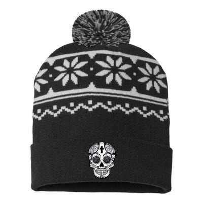 Grey Style Flower Skull Skeleton Graphic USA-Made Snowflake Beanie